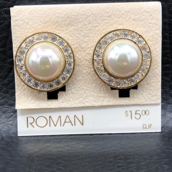 Vintage Roman Clip On Rhinestone Earrings Faux Pearl Dome Gold Tone 80s - Picture 1 of 8